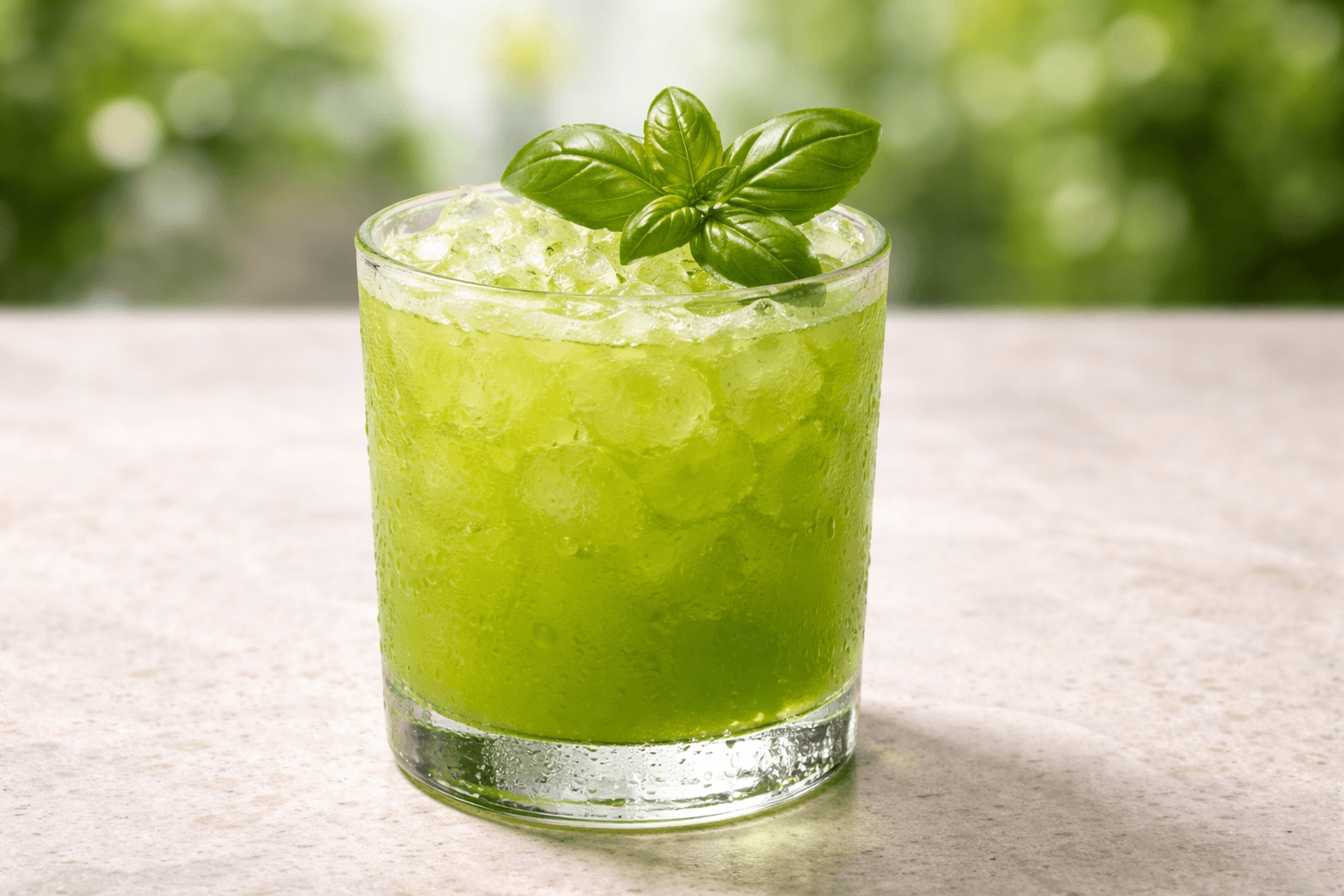 A Basil Smash in a rocks glass with fresh basil garnish.