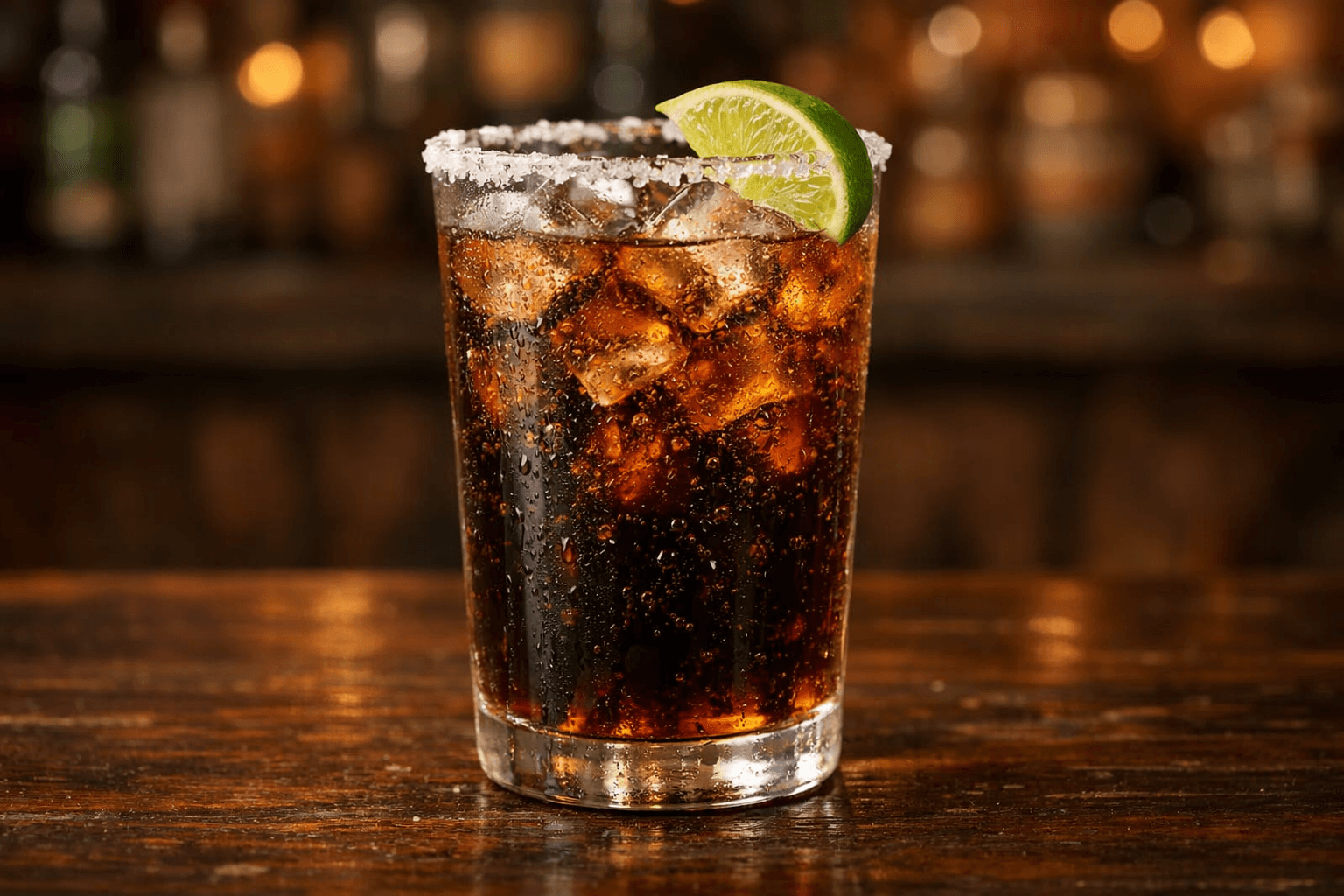 A Batanga in a salt-rimmed highball glass with a lime wedge.