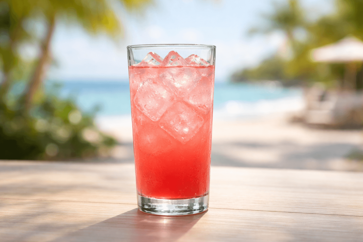 A highball of Bay Breeze showing a pink-to-gold gradient with a pineapple leaf garnish.