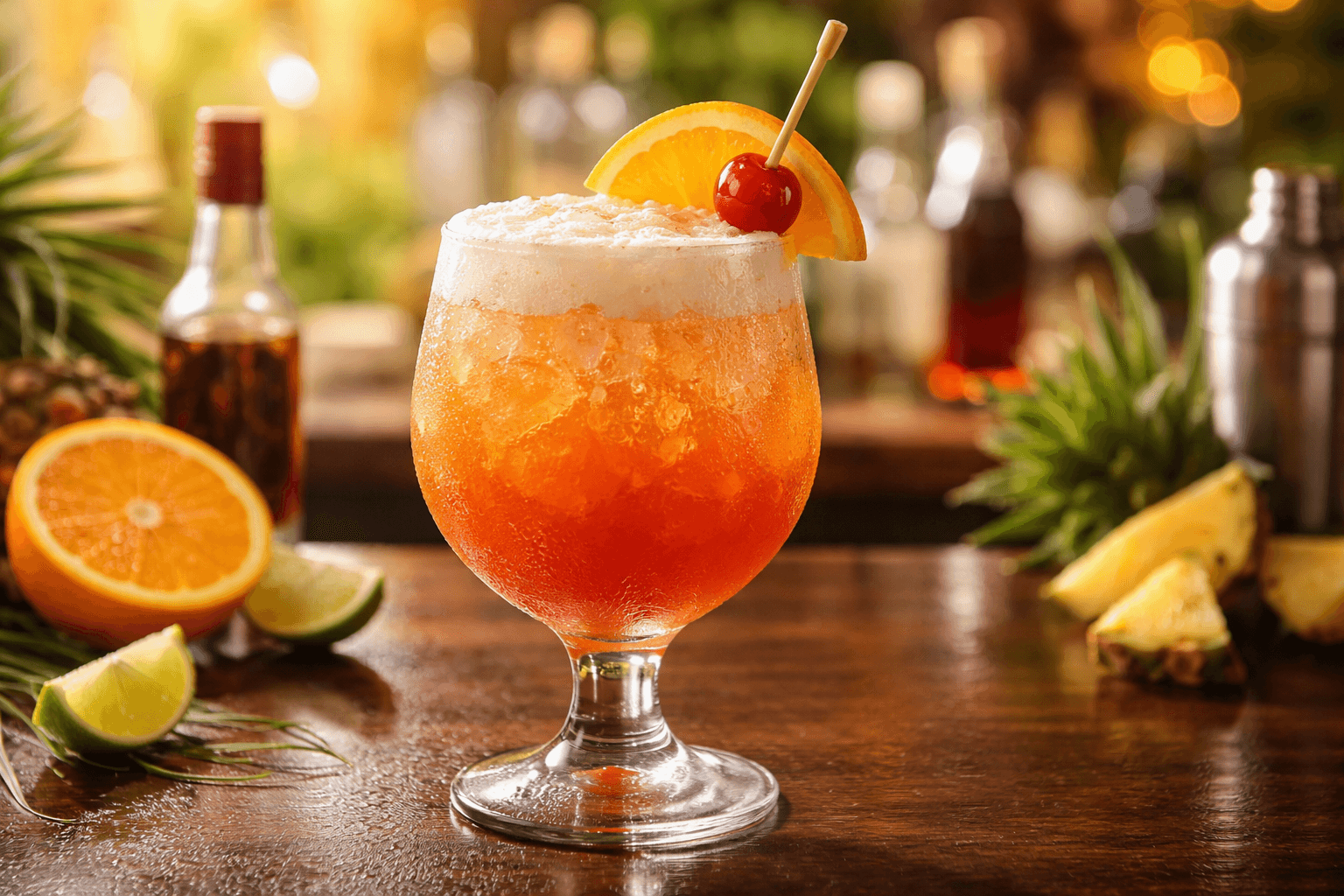 A Bermuda Rum Swizzle in a wine glass or goblet with a frothy top.