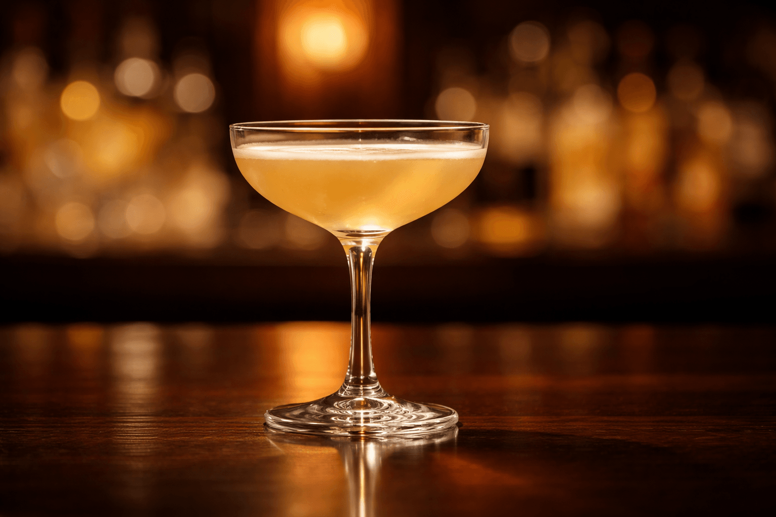 A coupe of Between the Sheets with a light golden tint and lemon twist.