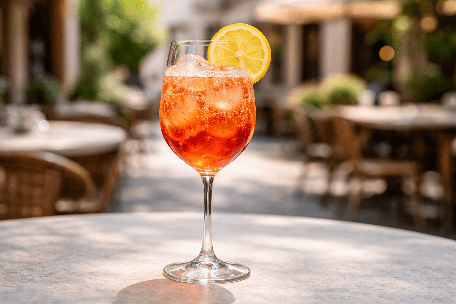 A Bicicletta in a wine glass with ice and a lemon wheel.