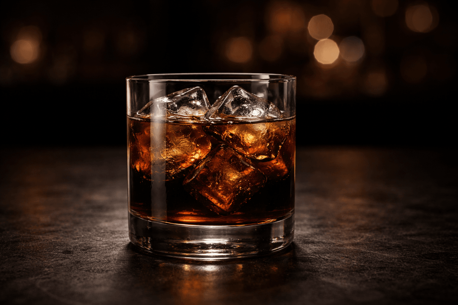 A Black Russian in a rocks glass with dark coffee color over ice.