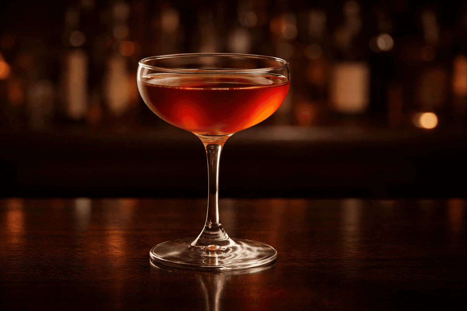A coupe of Blood and Sand with a red-orange hue, light froth, and a single dark cherry garnish.