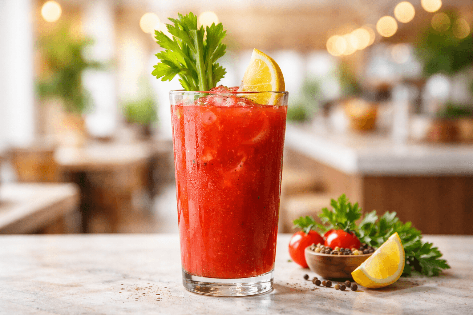 A tall Bloody Mary in a highball glass with a celery stalk and lemon wedge.