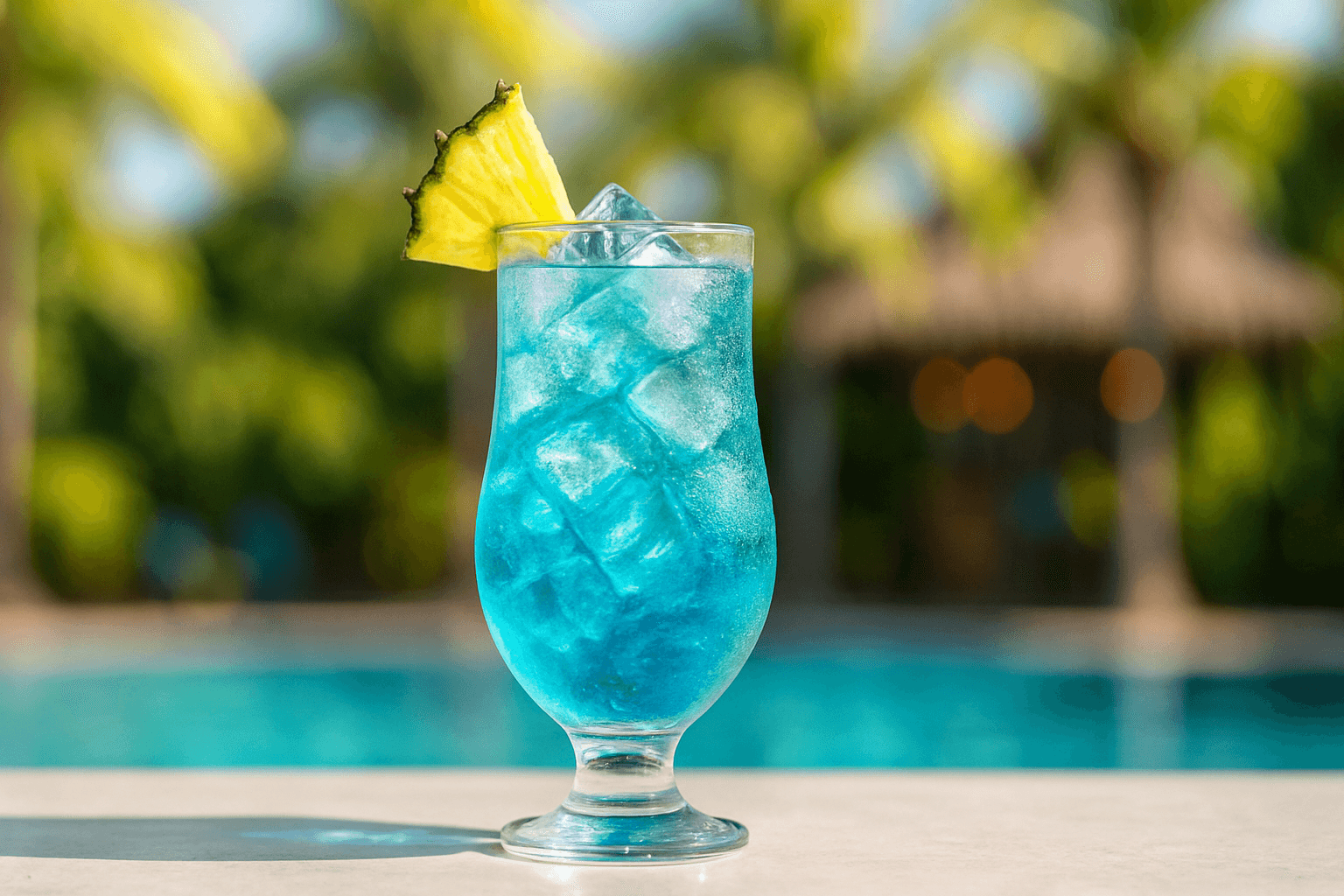 A Blue Hawaii with electric-blue color, pineapple wedge, and cherry.