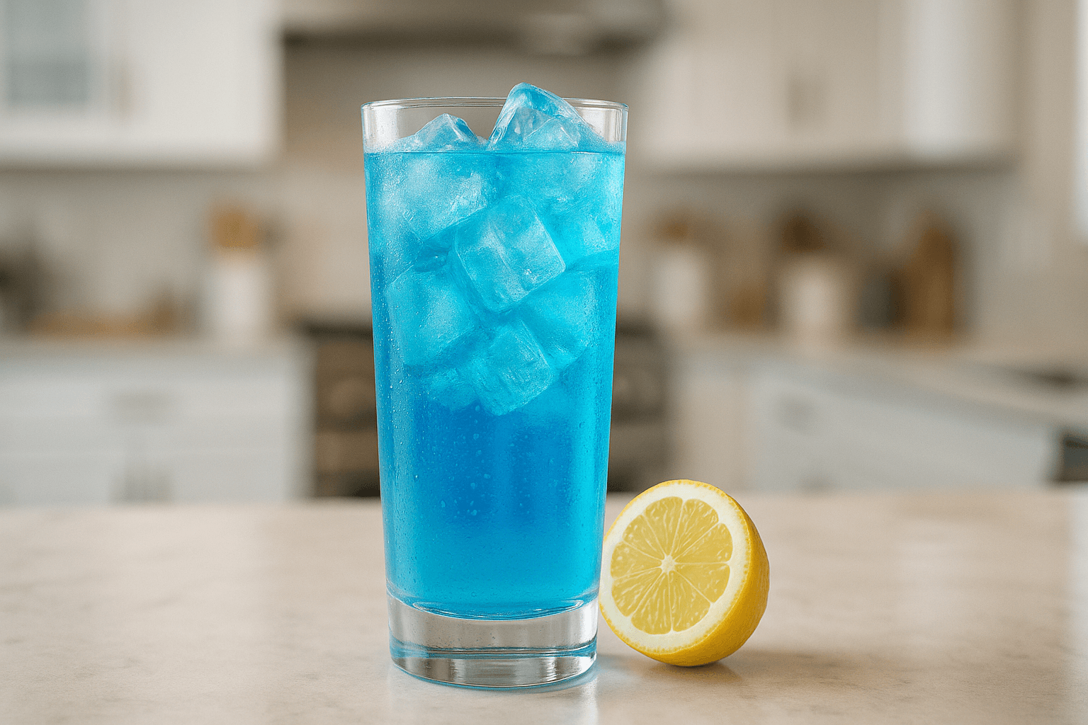 A tall Blue Lagoon with bright blue color and a lemon wheel.