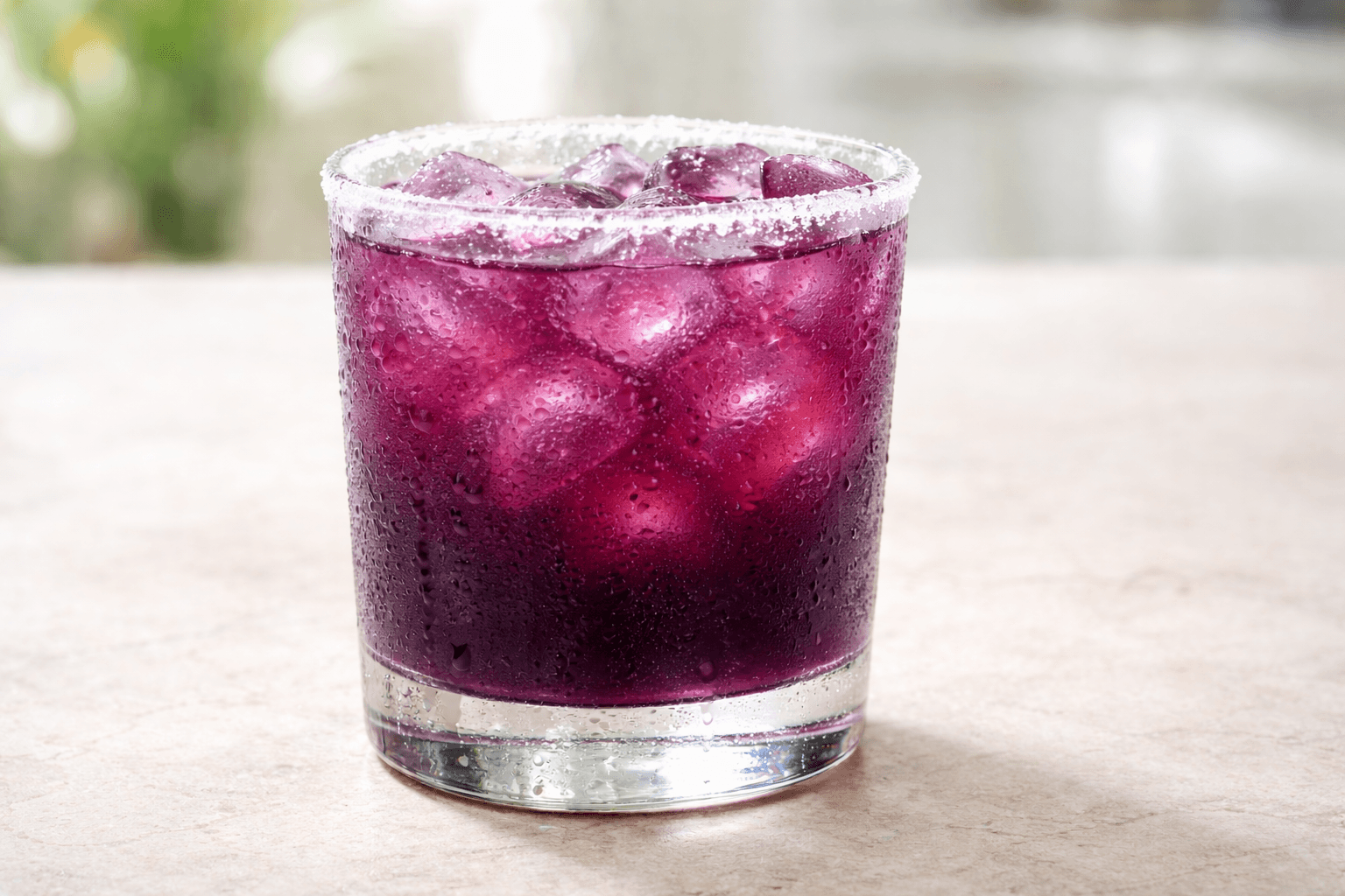 A Blueberry Margarita in a rocks glass with fresh blueberry garnish.