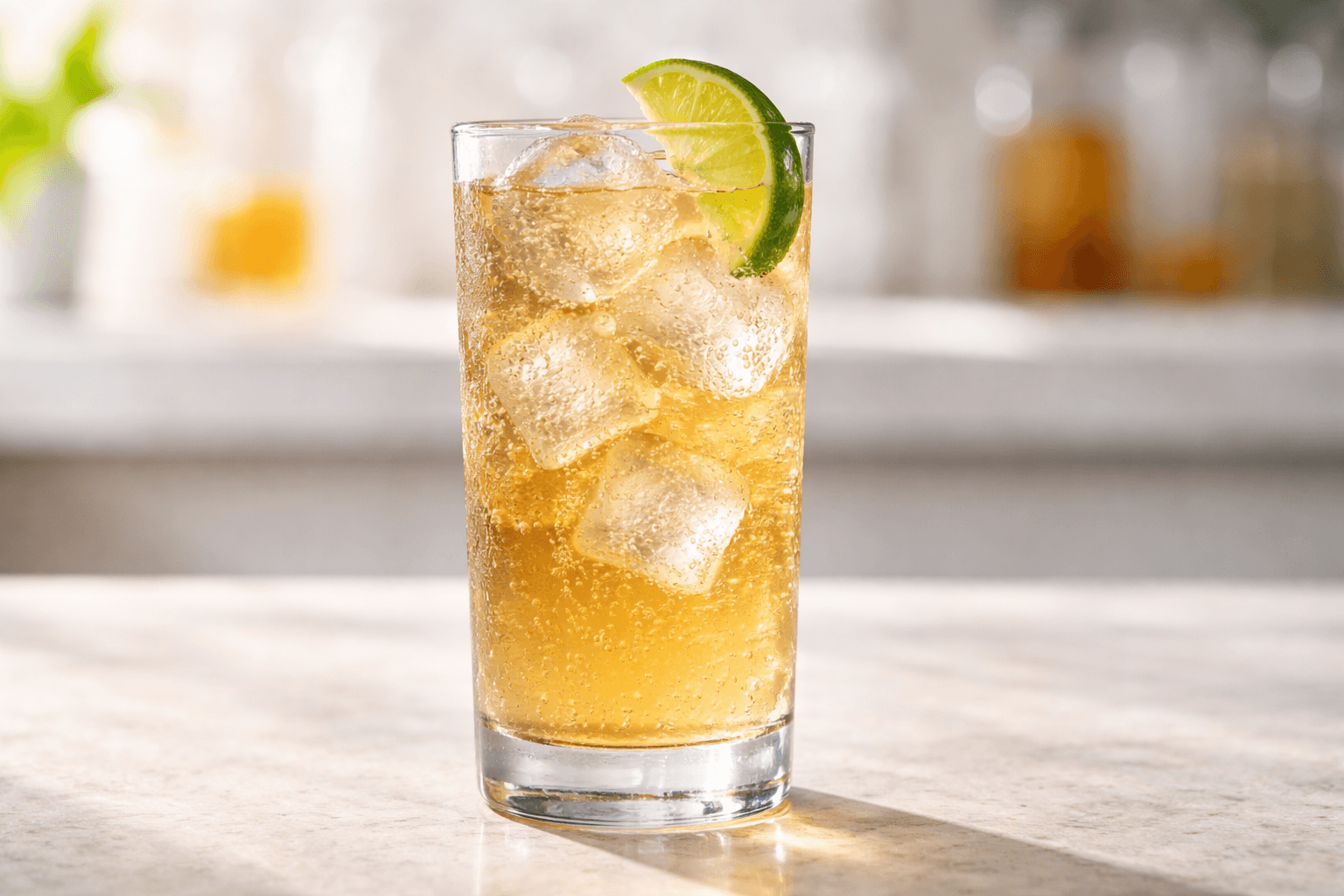 A Bourbon Rickey in a highball glass with lime wedge and rising bubbles.