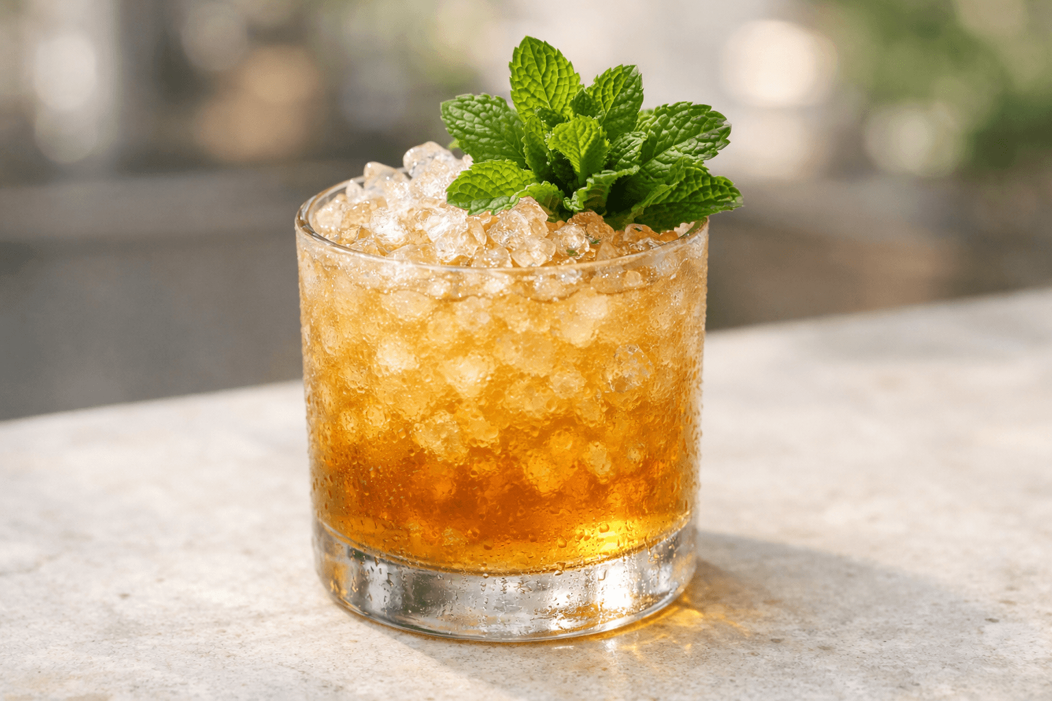 A Bourbon Smash over crushed ice with mint bouquet.