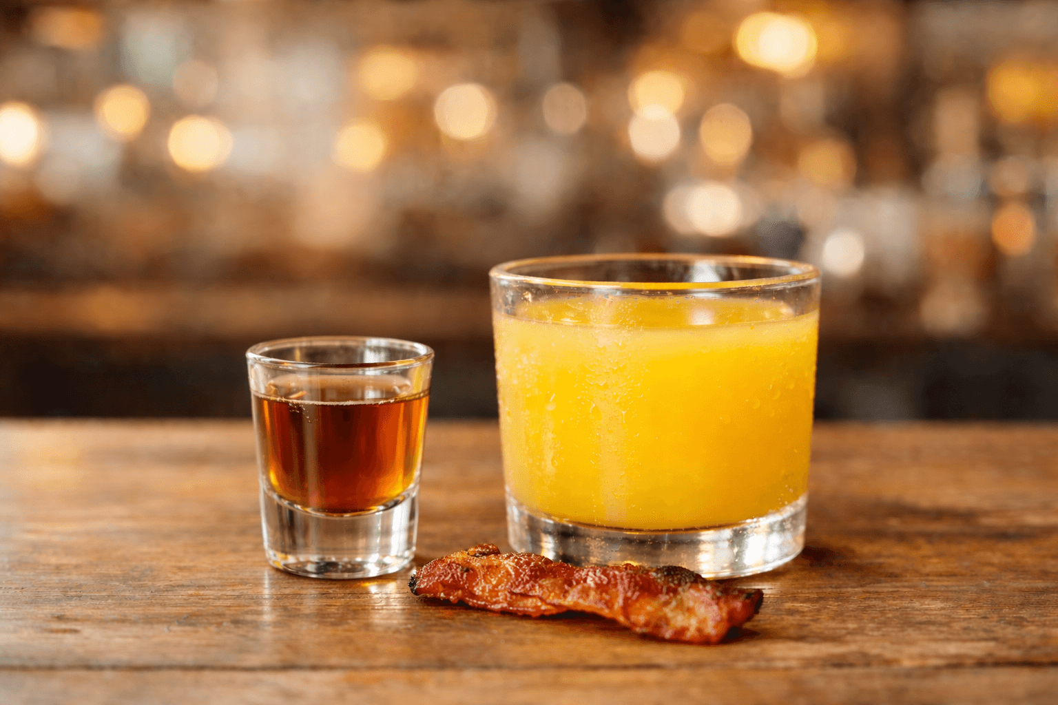 A Breakfast Shot setup with an amber shot and a small glass of orange juice.