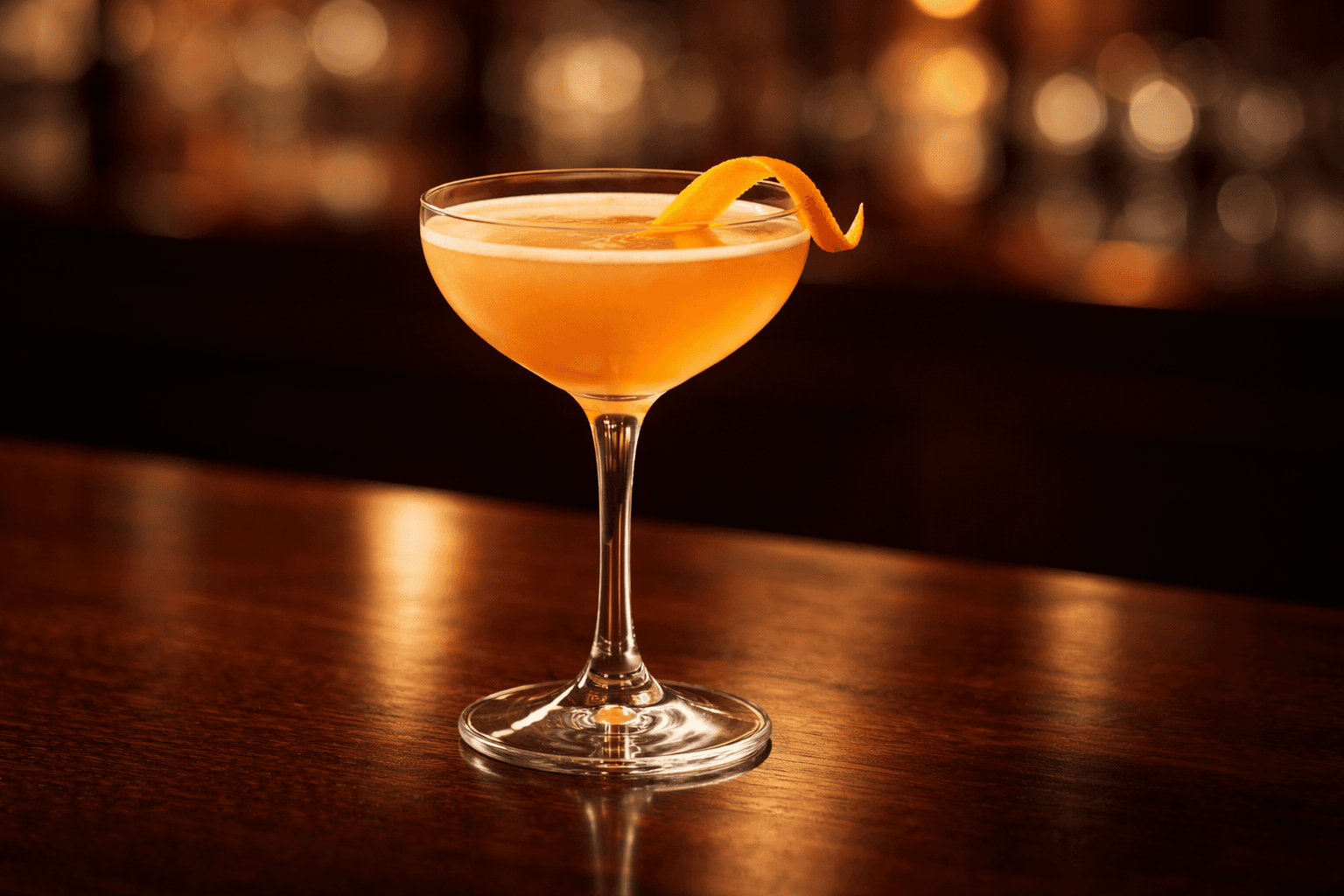 A Bronx cocktail in a coupe with an orange twist.