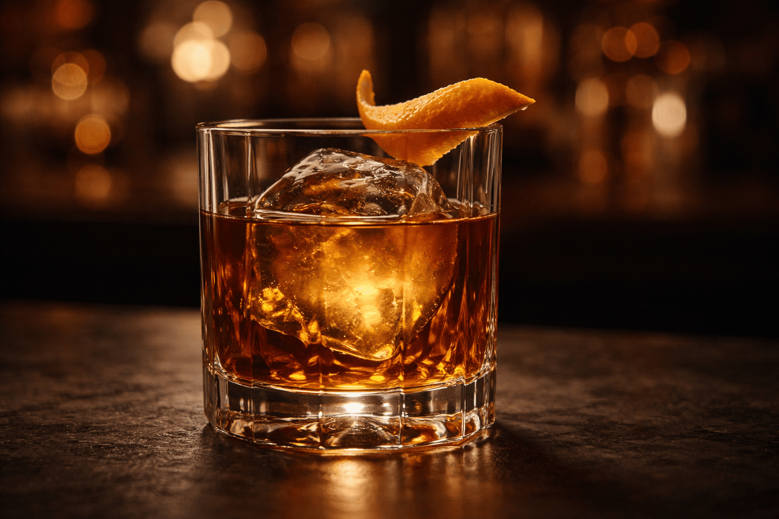 An Old Fashioned in a short rocks glass with a large clear ice cube and a wide orange peel expressed over the top.