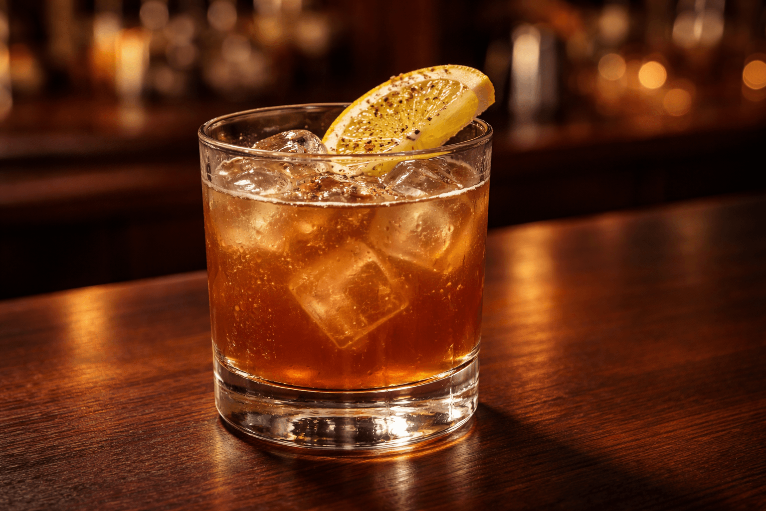A Bull Shot in a rocks glass with a lemon wedge and black pepper.