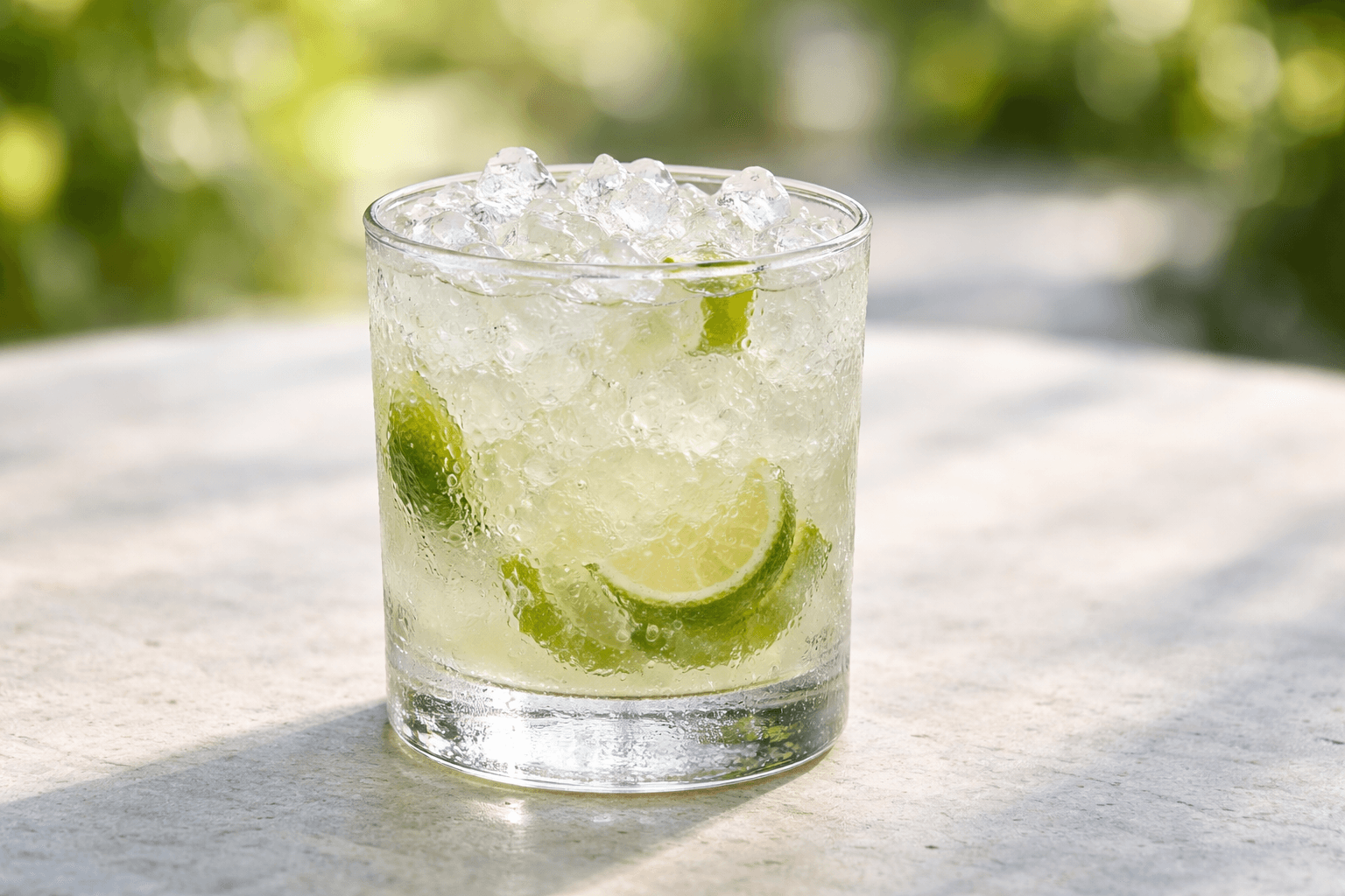 A Caipiroska in a rocks glass filled with crushed ice and muddled limes.