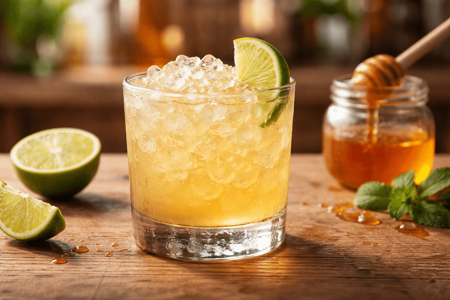 A Canchánchara in a small clay mug or rocks glass with a lime wedge.