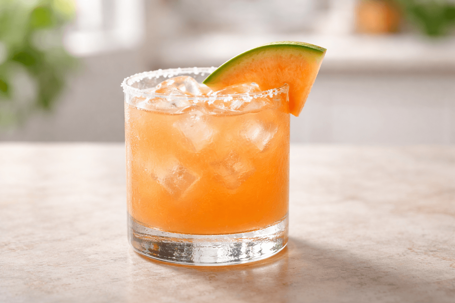 A Cantaloupe Margarita in a rocks glass with fresh cantaloupe garnish.