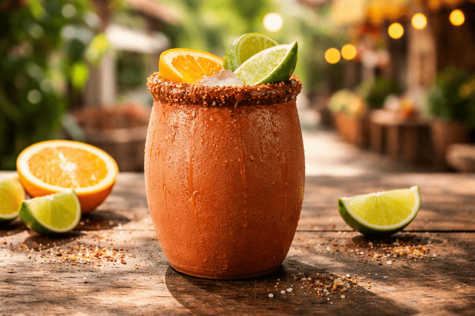 A Cantarito in a clay mug rimmed with chili salt.