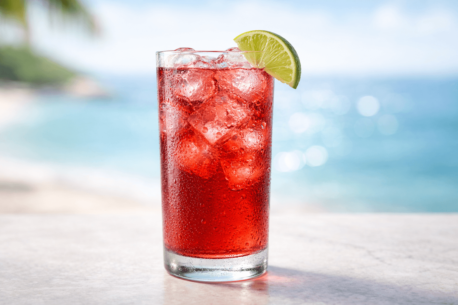A tall Cape Codder over ice with a lime wedge and bright red hue.