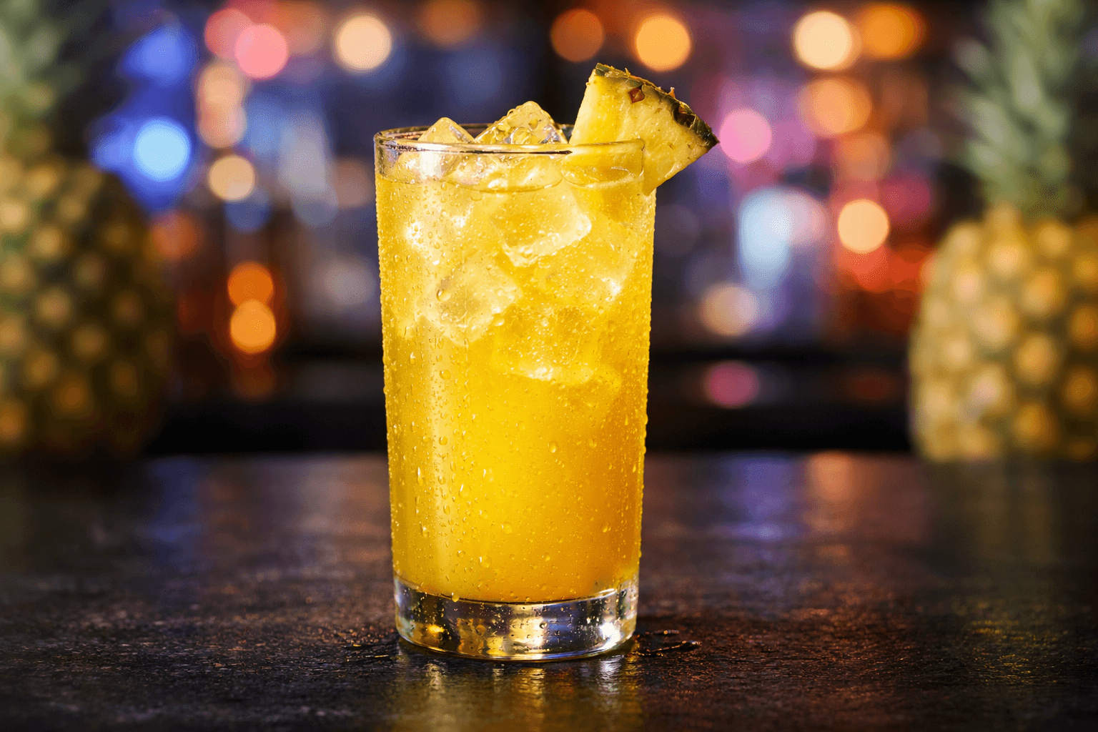 A Caribou Lou in a highball glass with a pineapple wedge.