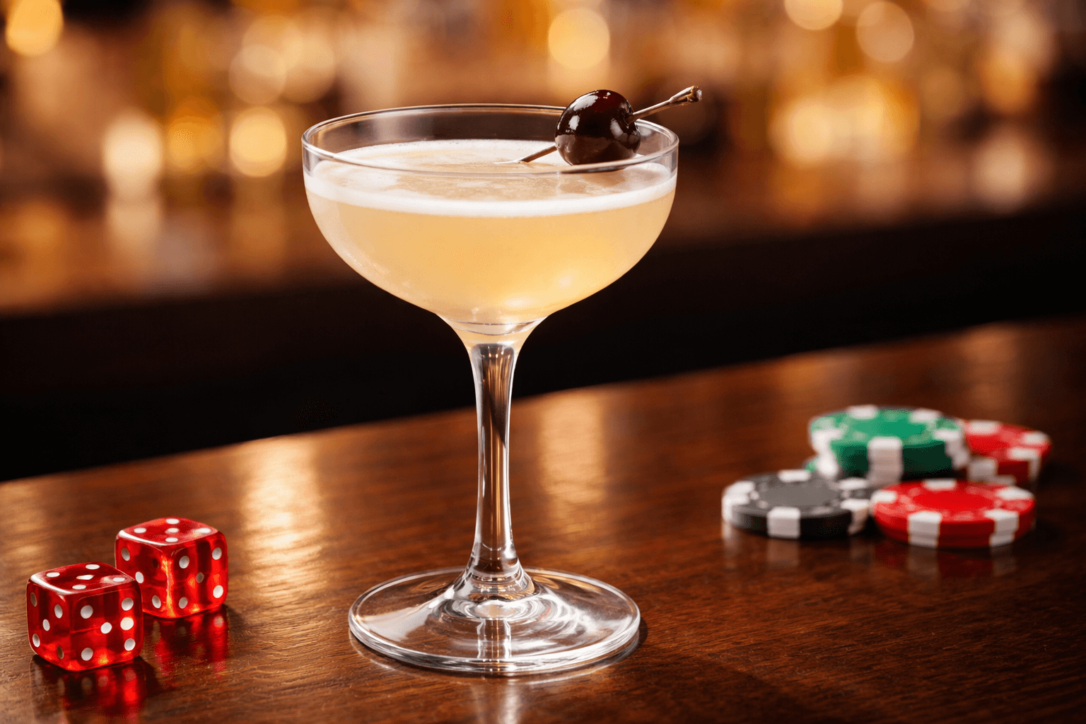 A Casino cocktail in a coupe with a cherry.