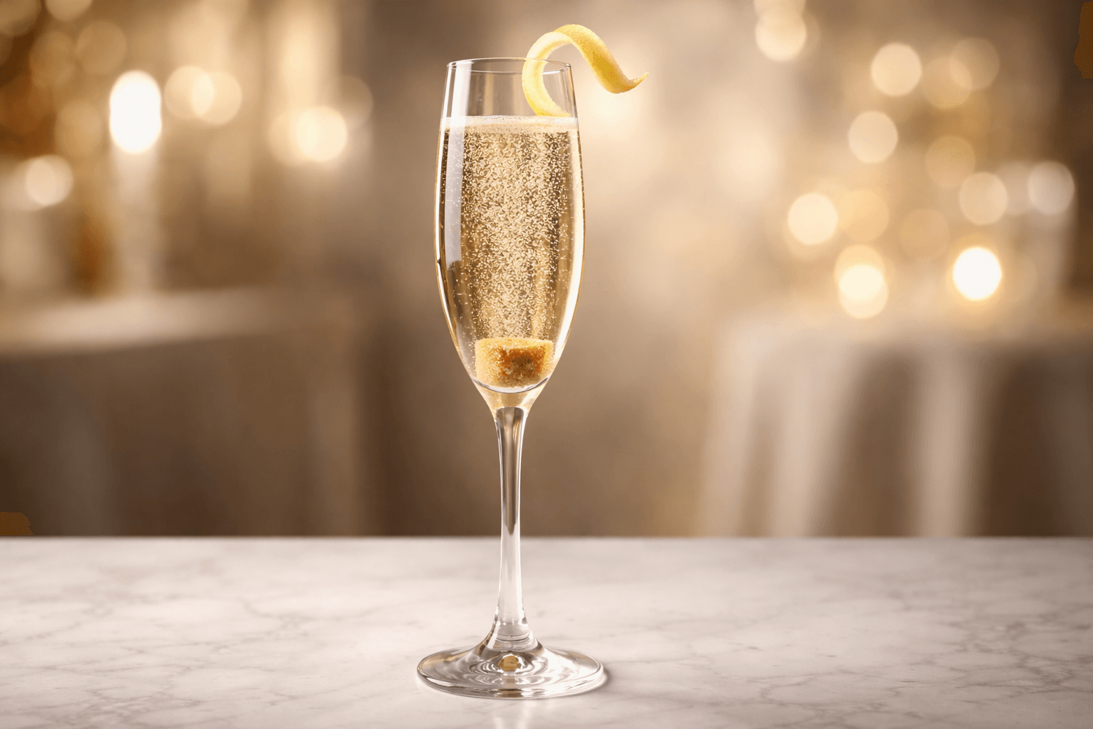A Champagne Cocktail with rising bubbles around a bitters-soaked sugar cube.