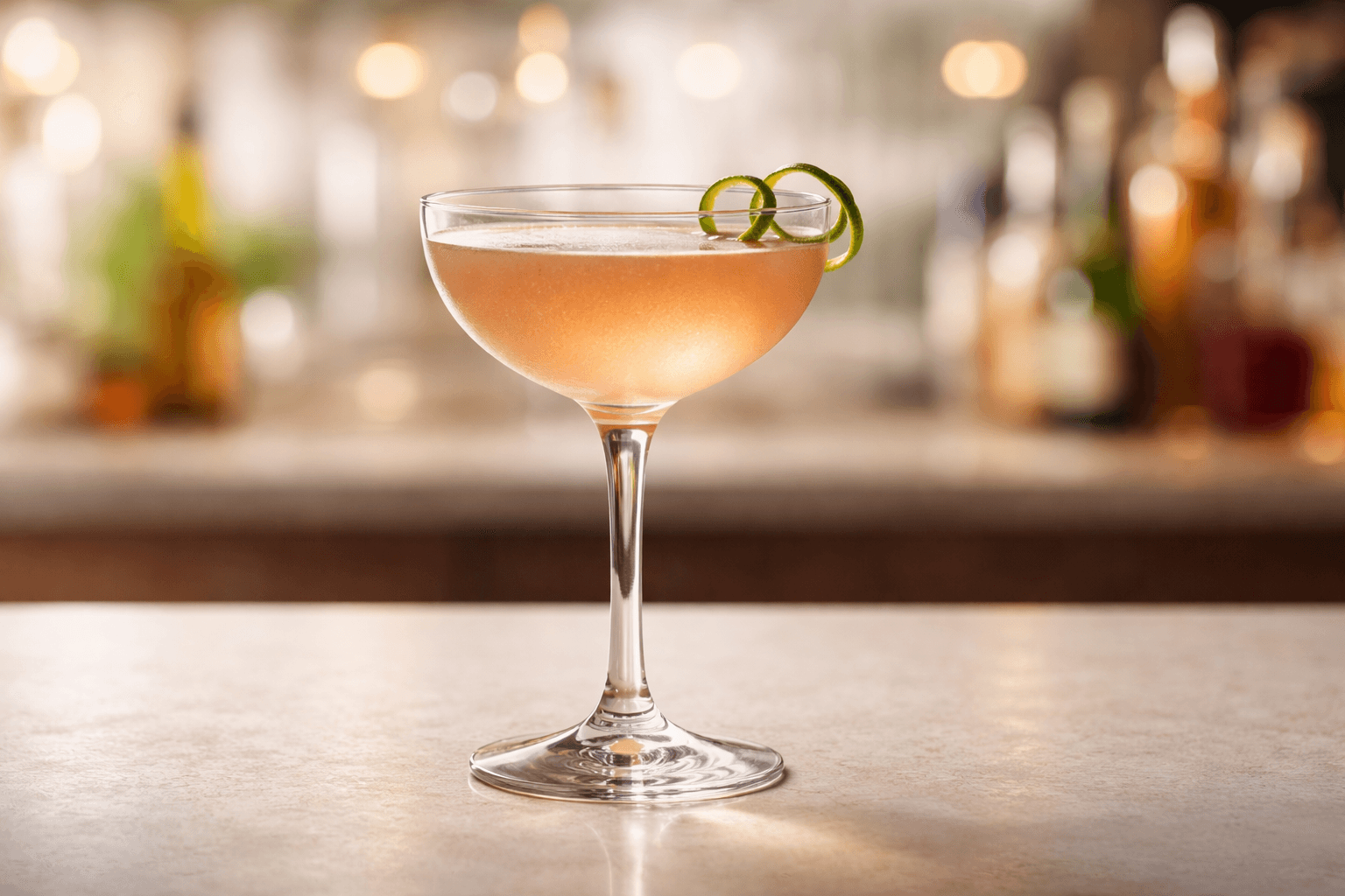 A Charlie Chaplin Cocktail in a coupe with lime twist.