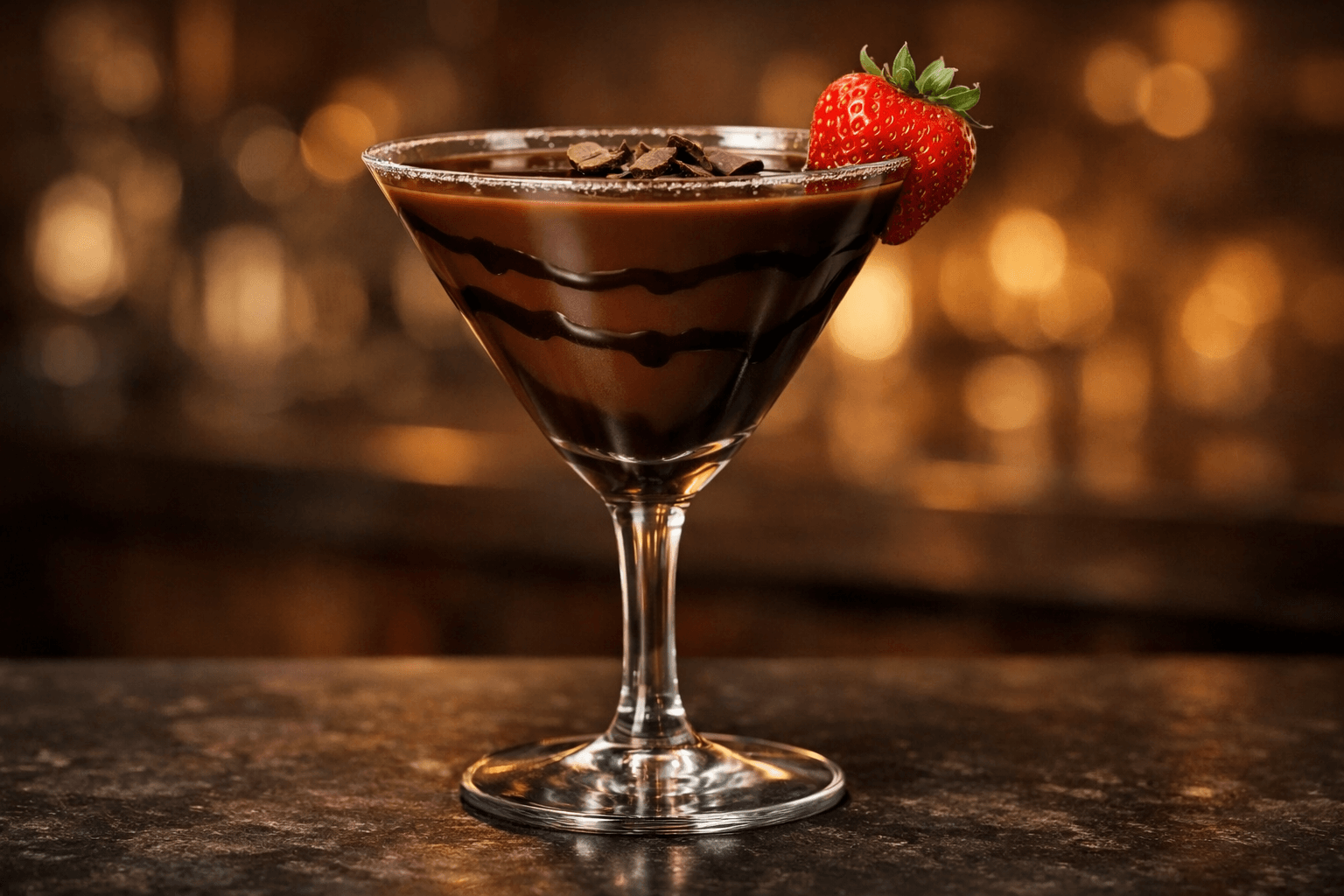 A Chocolate Martini in a cocktail glass with a chocolate syrup swirl.