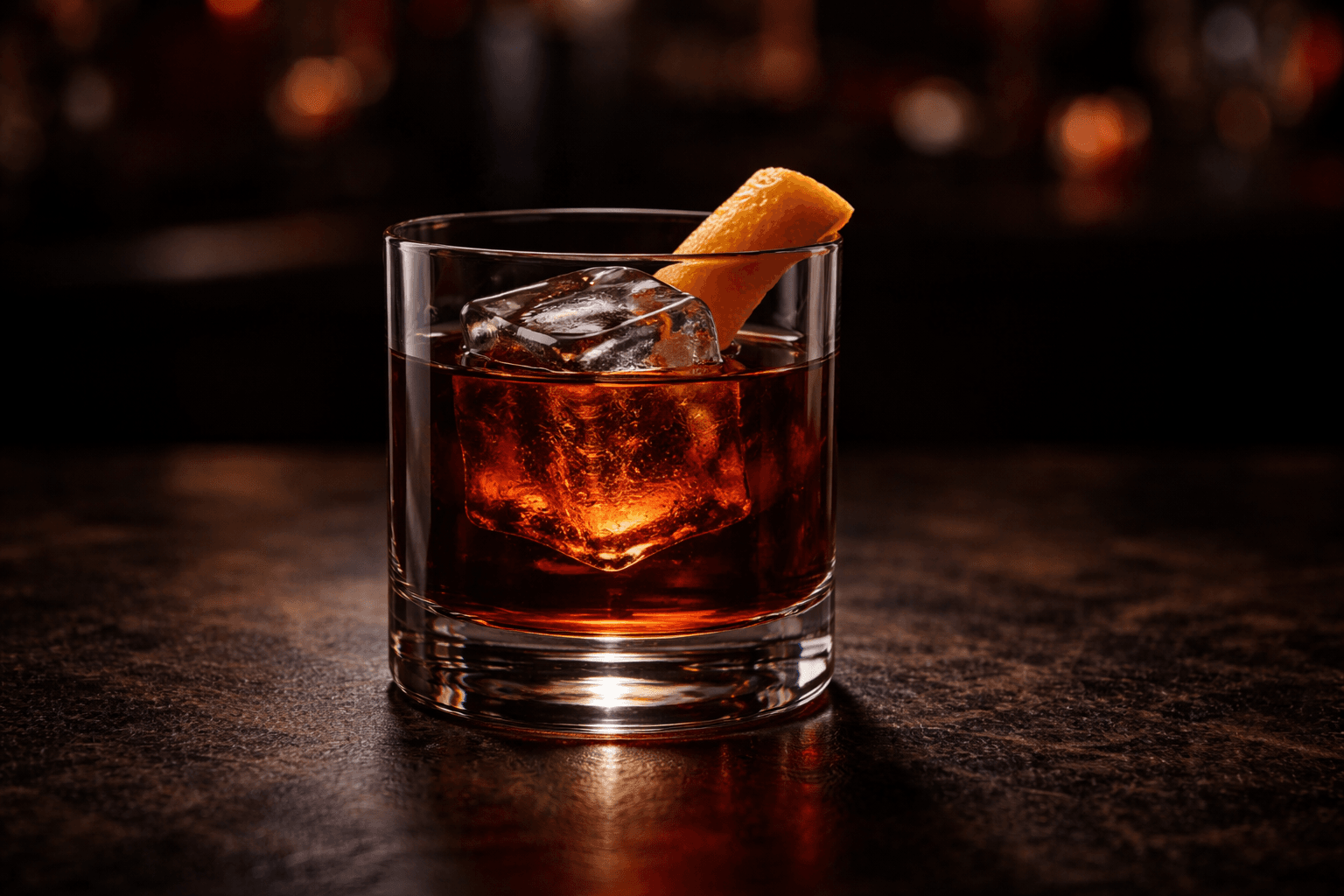 A Negroni in a rocks glass over a large clear ice cube with a wide orange peel resting on the side.