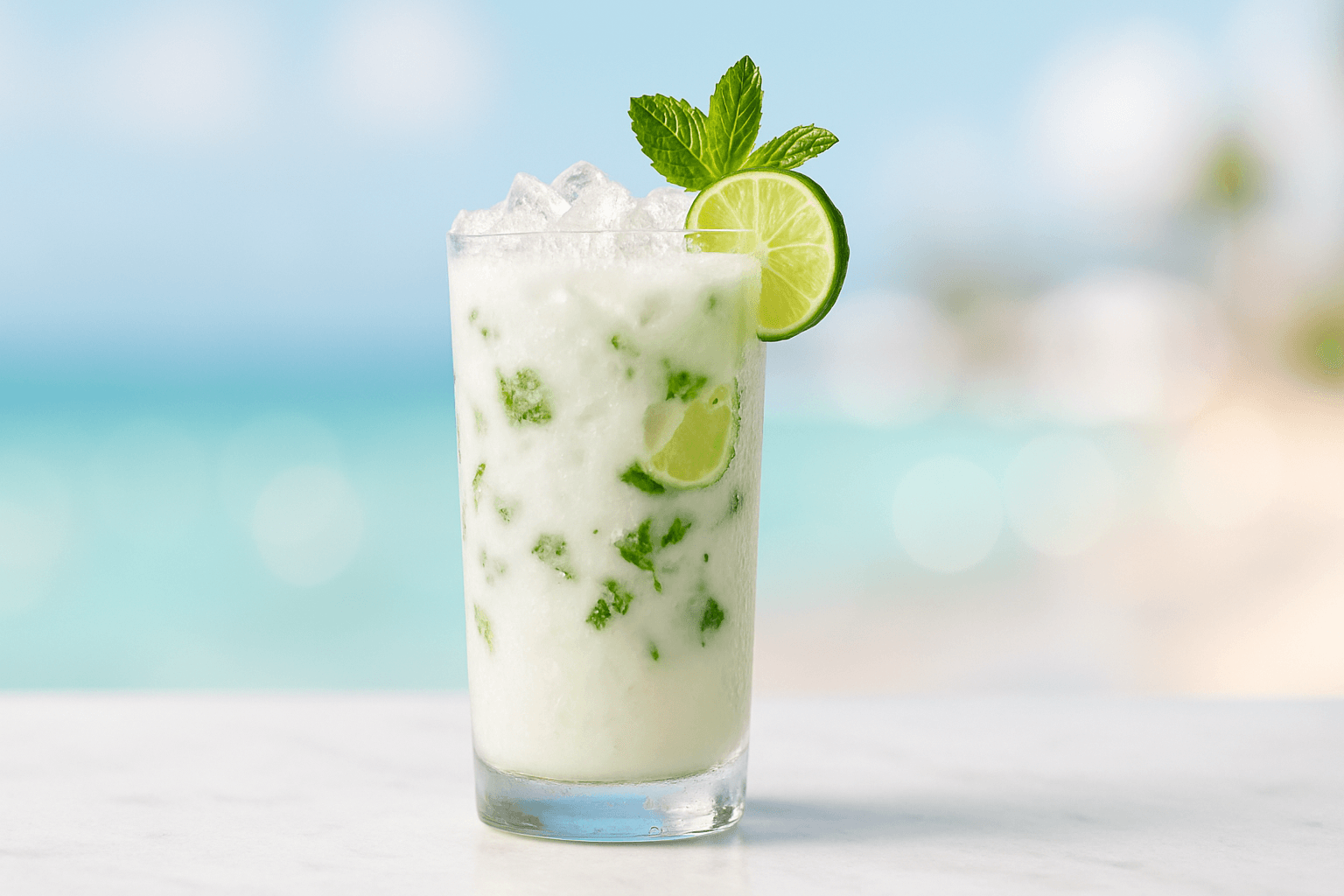 A Coconut Mojito in a highball glass with mint and cloudy white liquid.