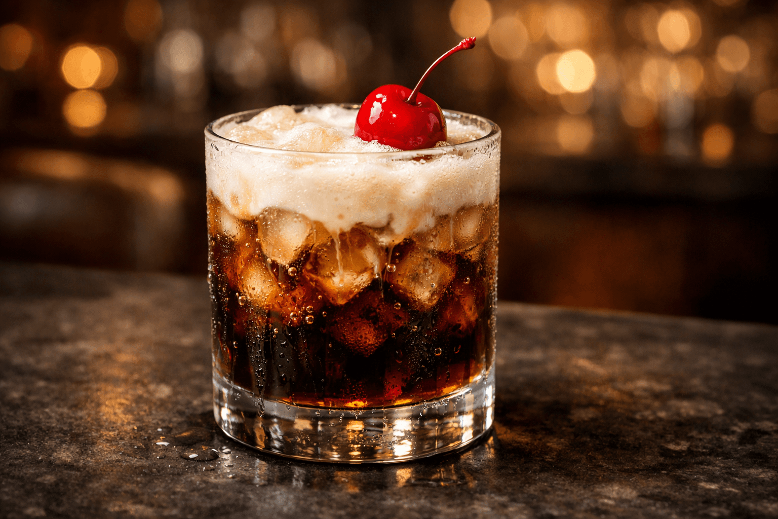 A Colorado Bulldog in a rocks glass with layered cream and bubbles.