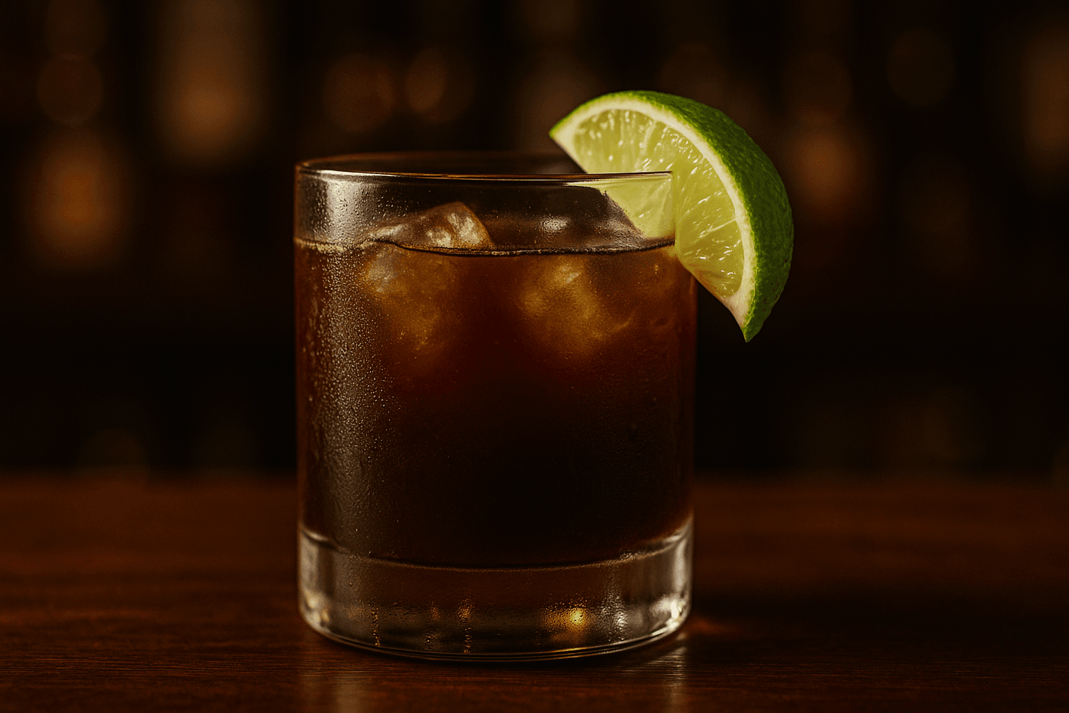 A Corn 'n' Oil in a rocks glass with a dark rum float and lime wedge.