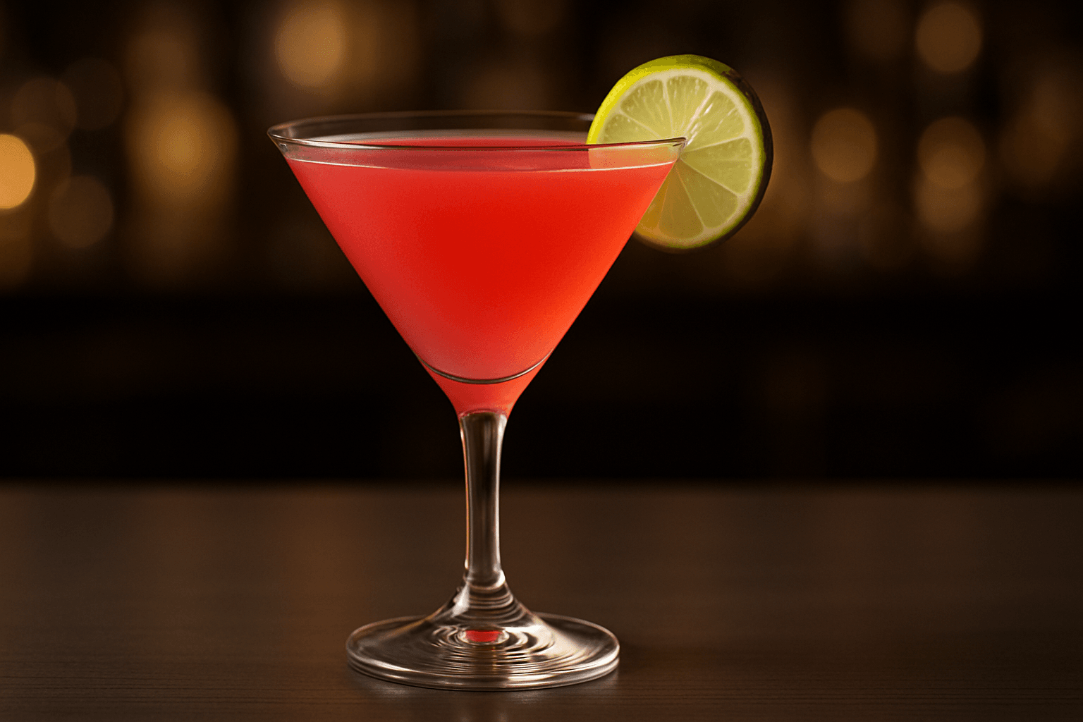 A pale pink Cosmopolitan in a stemmed glass with an orange peel.