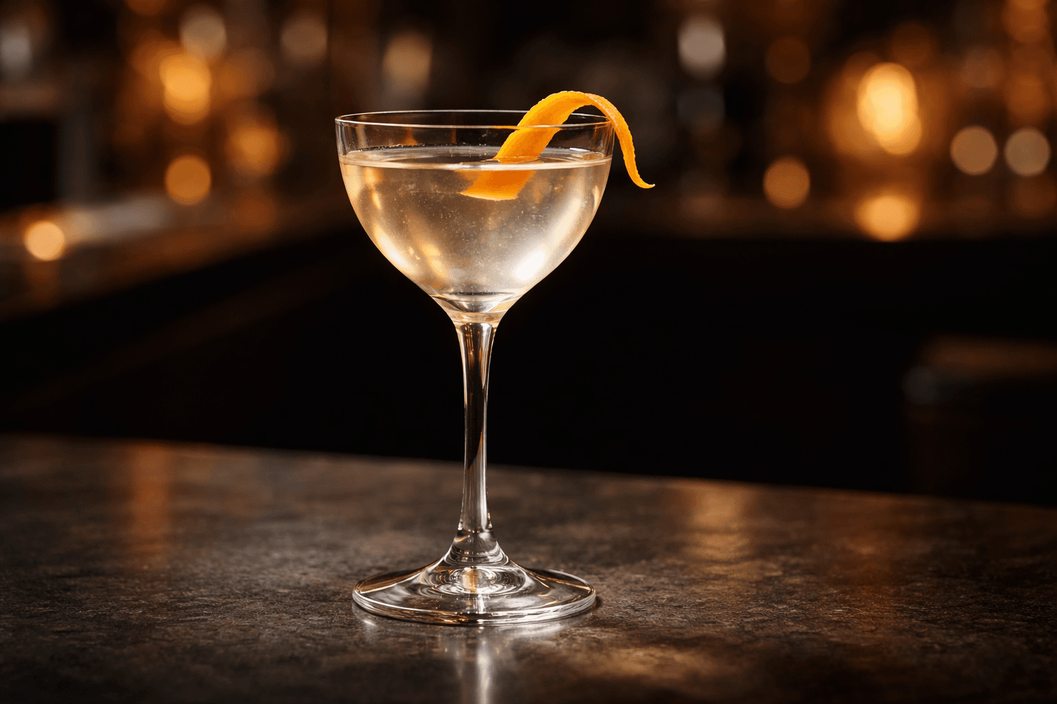 A Czarina in a Nick & Nora glass with an orange twist.