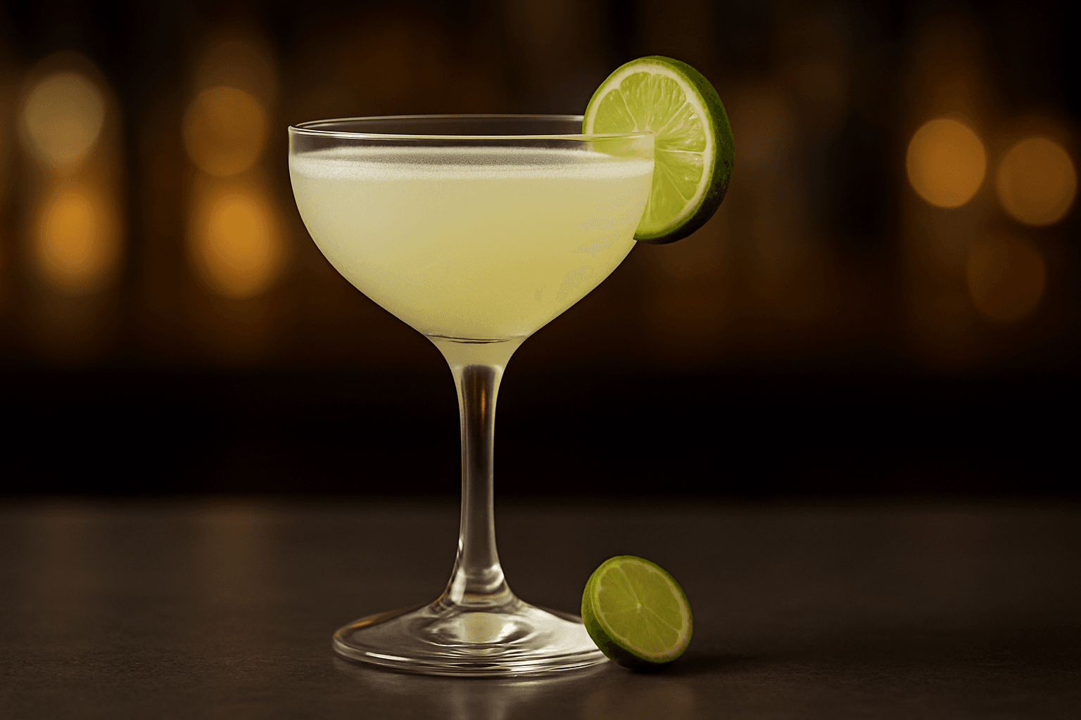 A classic Daiquiri served in a chilled coupe with a thin lime wheel on the rim against a dark bar backdrop.