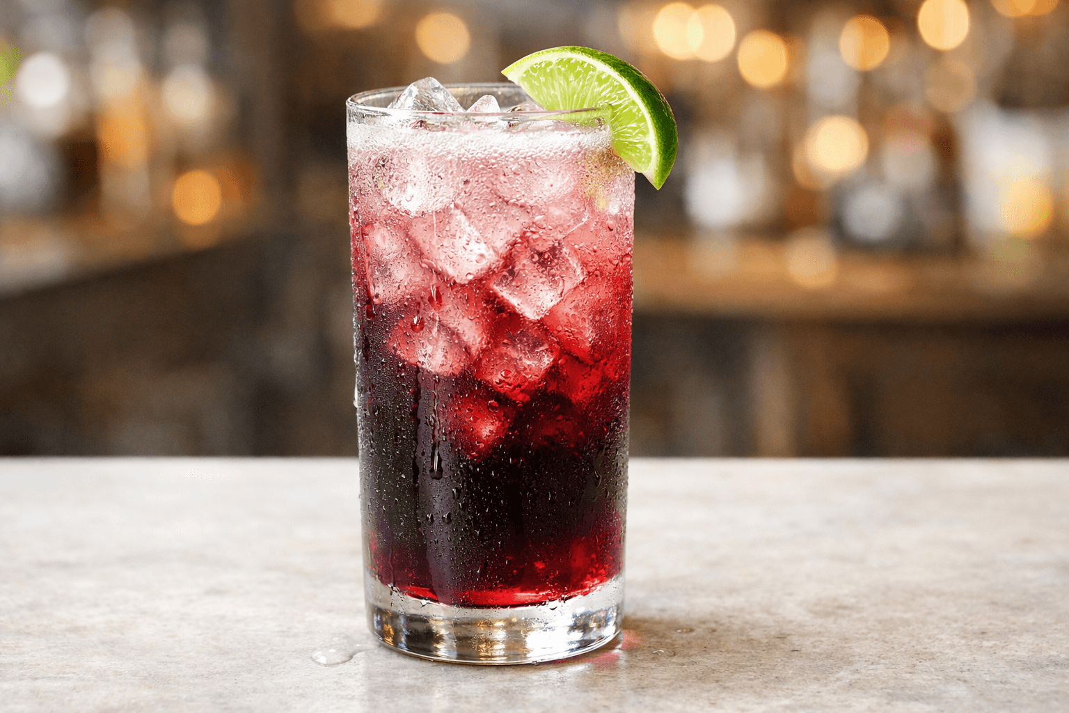 An El Diablo in a highball glass with a lime wedge.