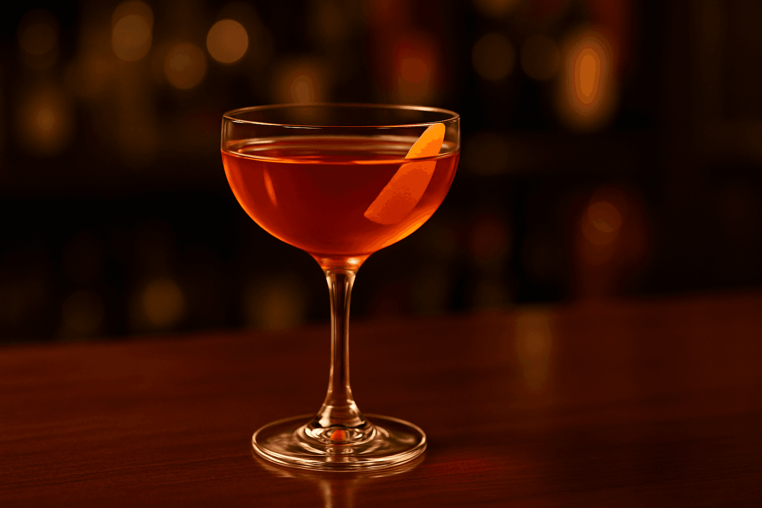 A coupe of El Presidente with a pale coral hue and a wide orange peel resting on the rim.