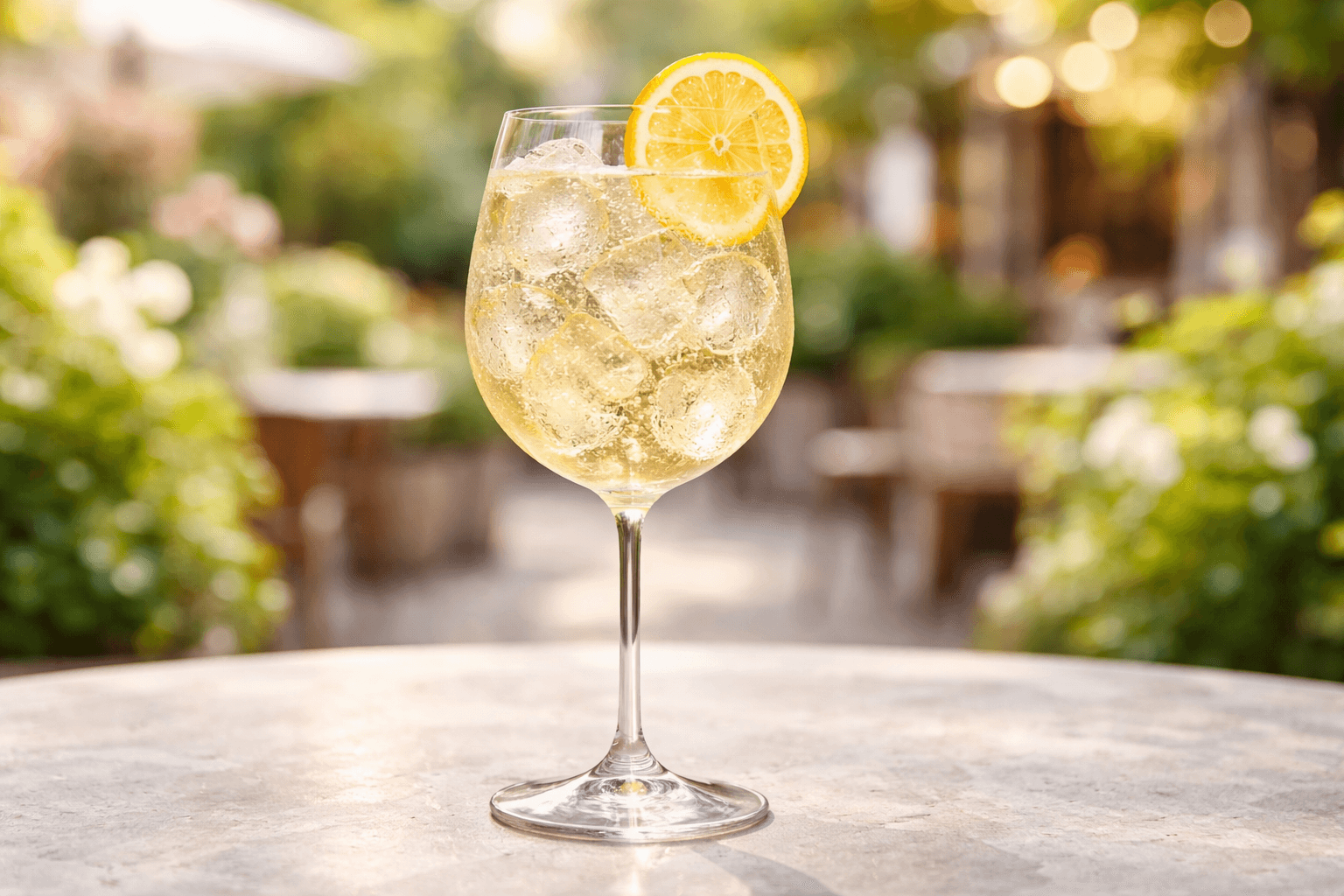 A wine glass Elderflower Spritz with ice and lemon wheel.