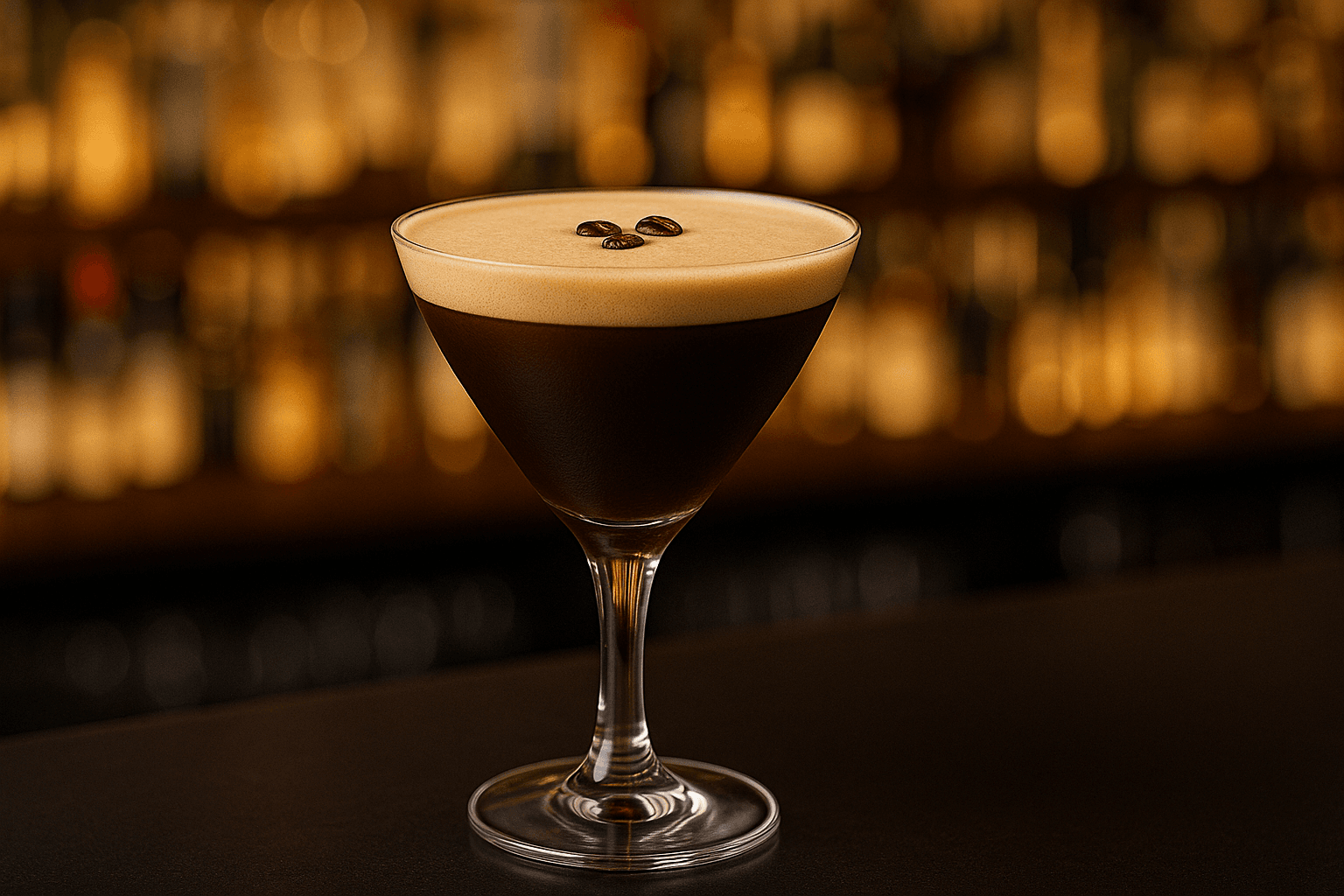 A chilled coupe of Espresso Martini with thick crema and three coffee beans.