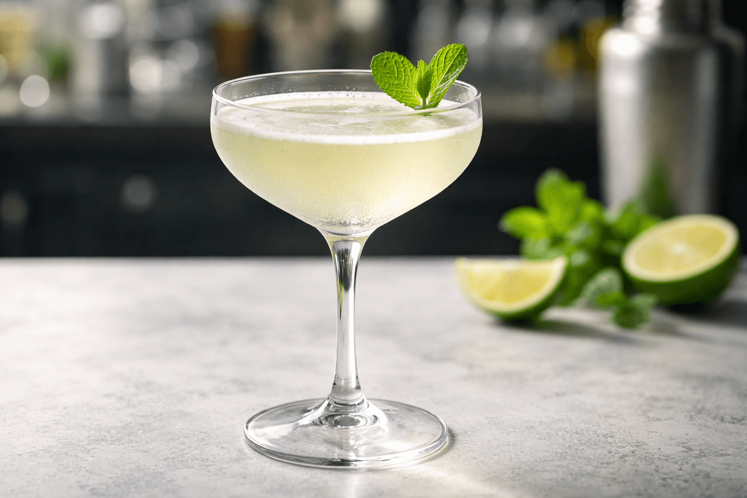 A Fallen Angel in a coupe with a mint leaf.