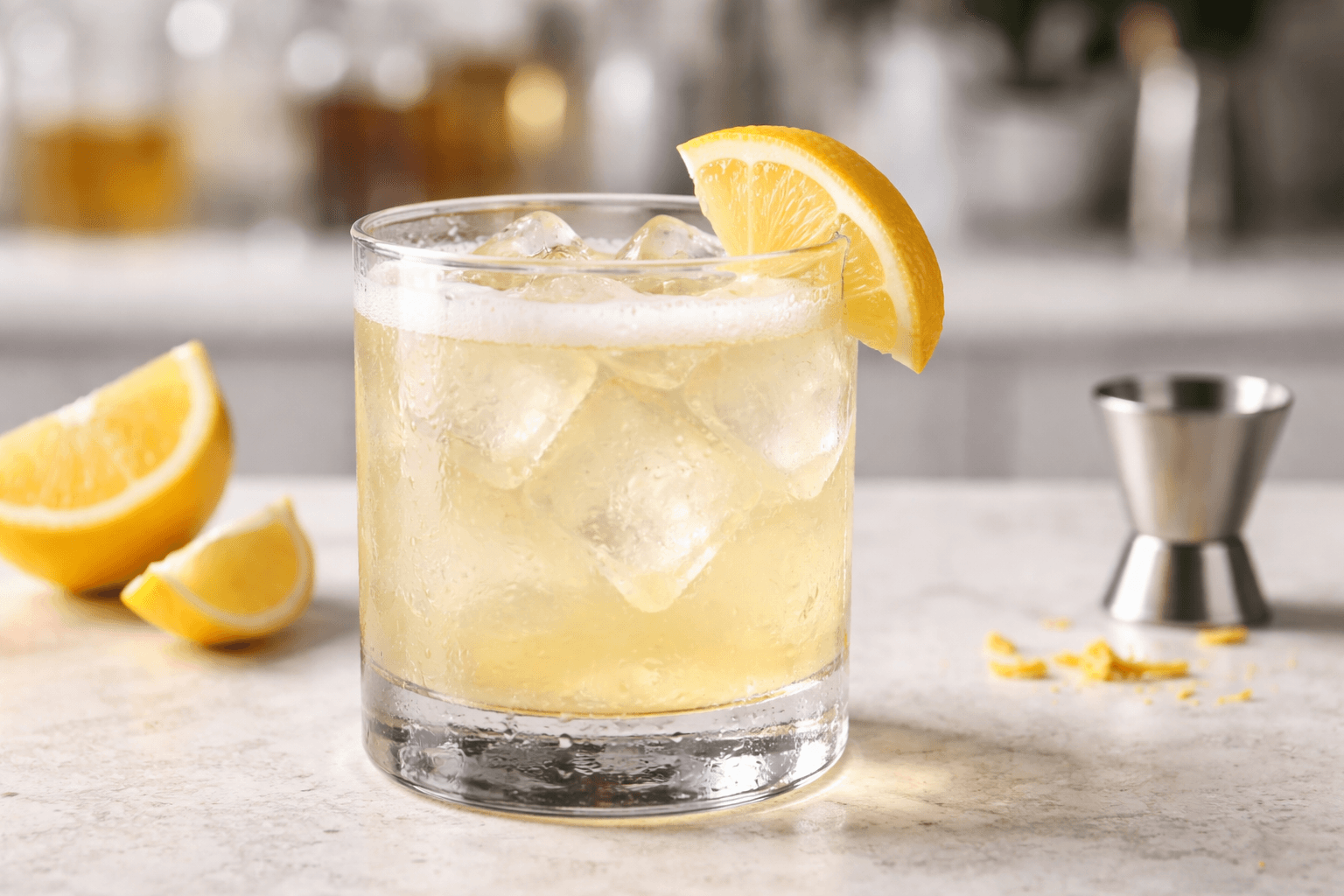 A Fitzgerald in a rocks glass with a lemon wedge.