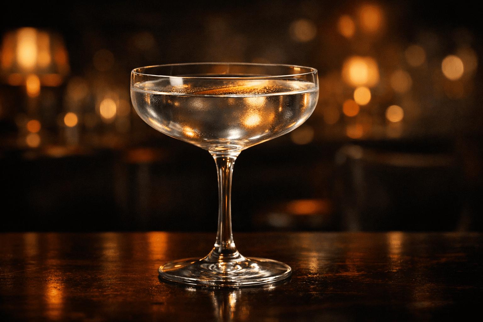 A Flame of Love in a coupe with no solid garnish but an oily sheen on the surface.