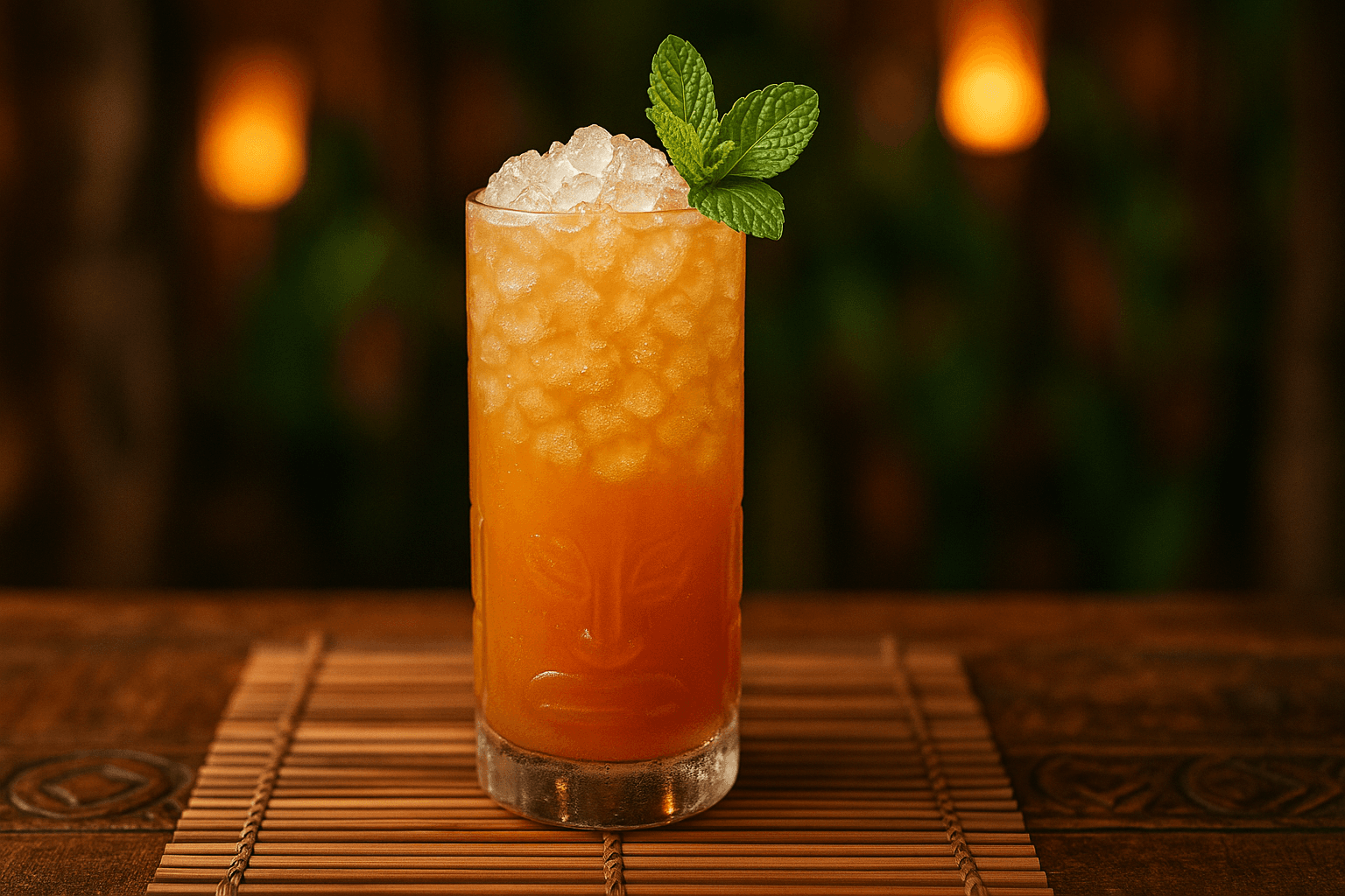 A tall Fog Cutter topped with a sherry float and mint garnish.