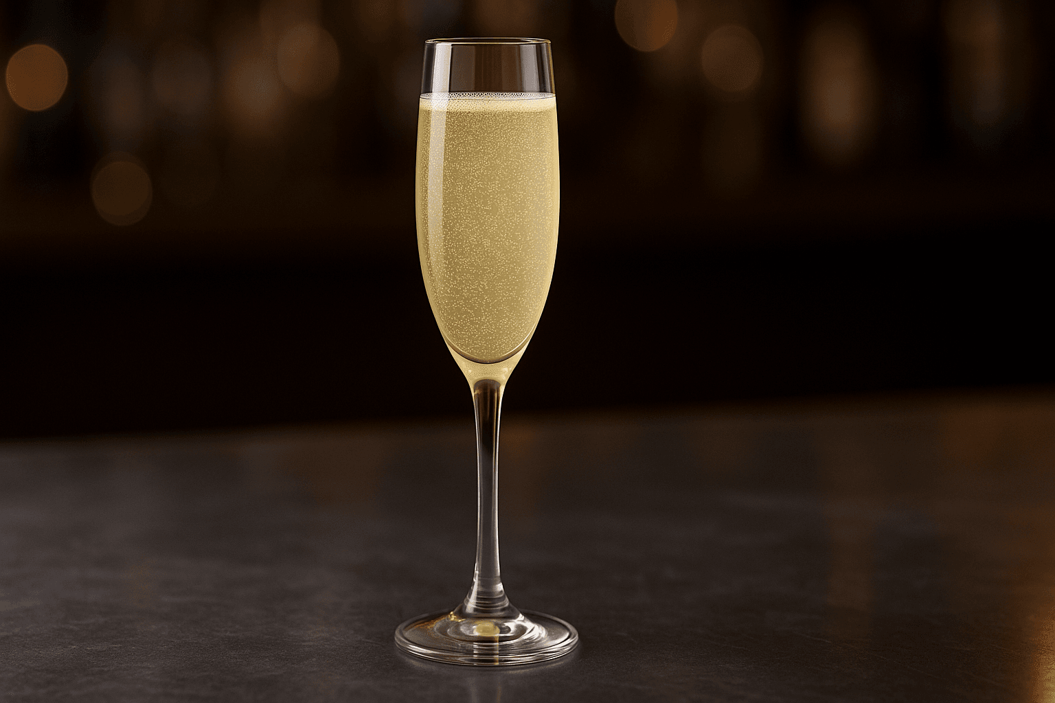 A tall flute of French 75 with fine bubbles and a long lemon twist.