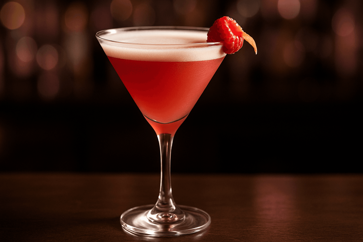 A French Martini with frothy top and raspberry garnish.