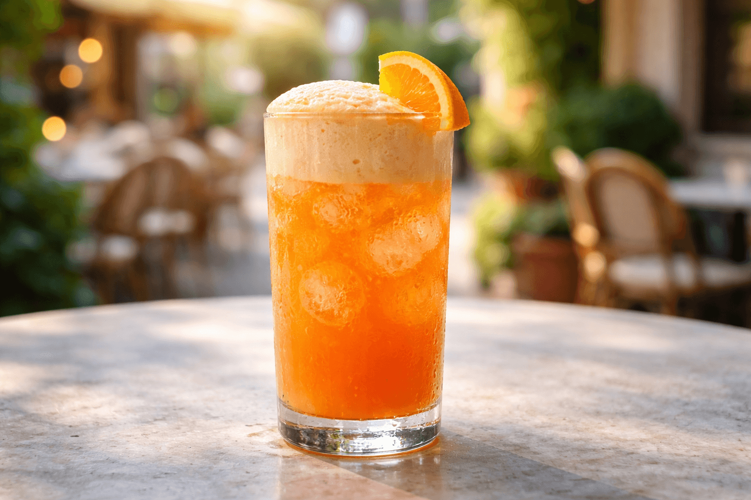 A Garibaldi in a highball glass with a thick frothy head and orange wedge.