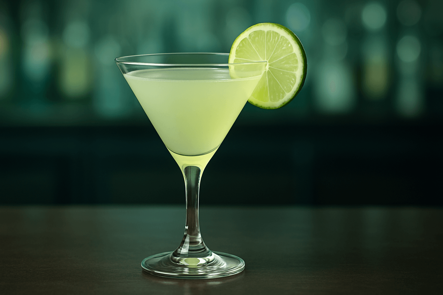 A clear Gimlet in a chilled martini glass with a small lime wheel garnish on a polished bar.