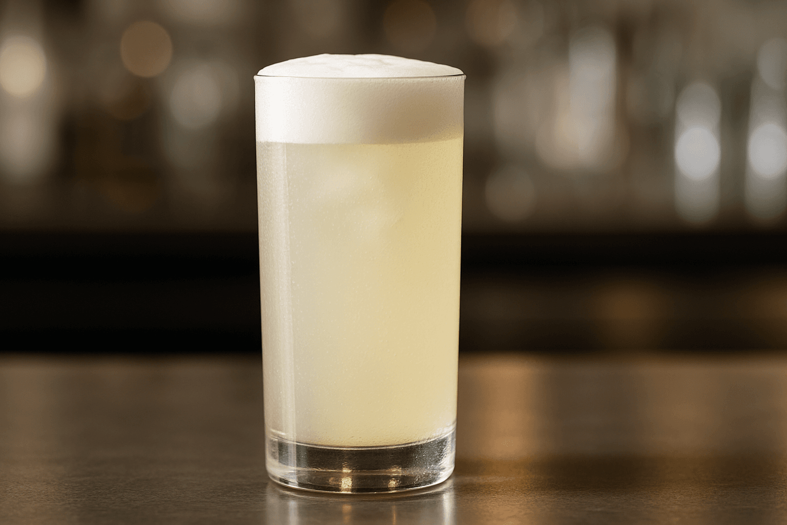 A tall fizz glass of Gin Fizz with fine bubbles and a pale frothy cap.