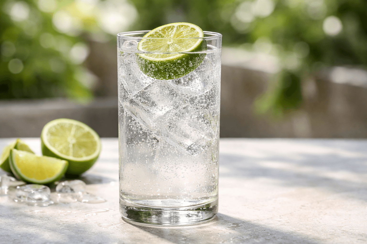 A Gin Rickey in a highball glass with a lime half-shell submerged.