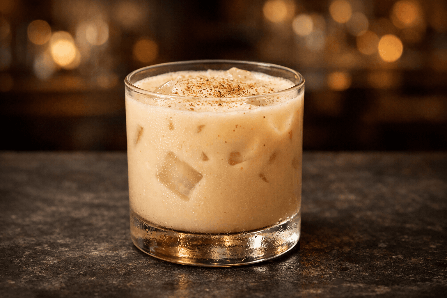 A Godchild in a rocks glass dusted with nutmeg.